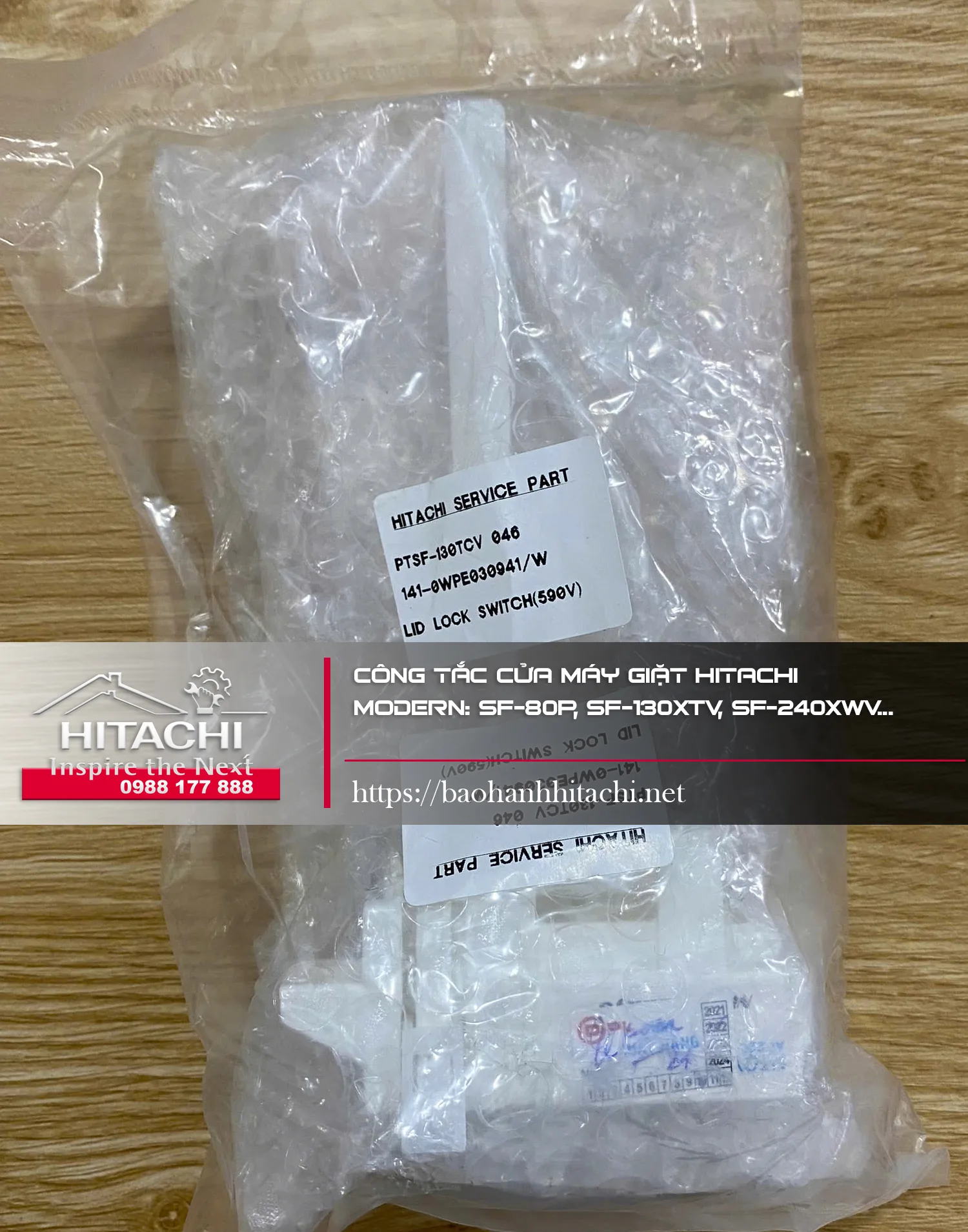 Linh kiện bảo trì máy giặt Hitachi trong bao bì nhựa, hướng dẫn sửa chữa, linh kiện chính hãng, bộ phận khóa nắp máy giặt Hitachi, dịch vụ bảo hành Hitachi uy tín.